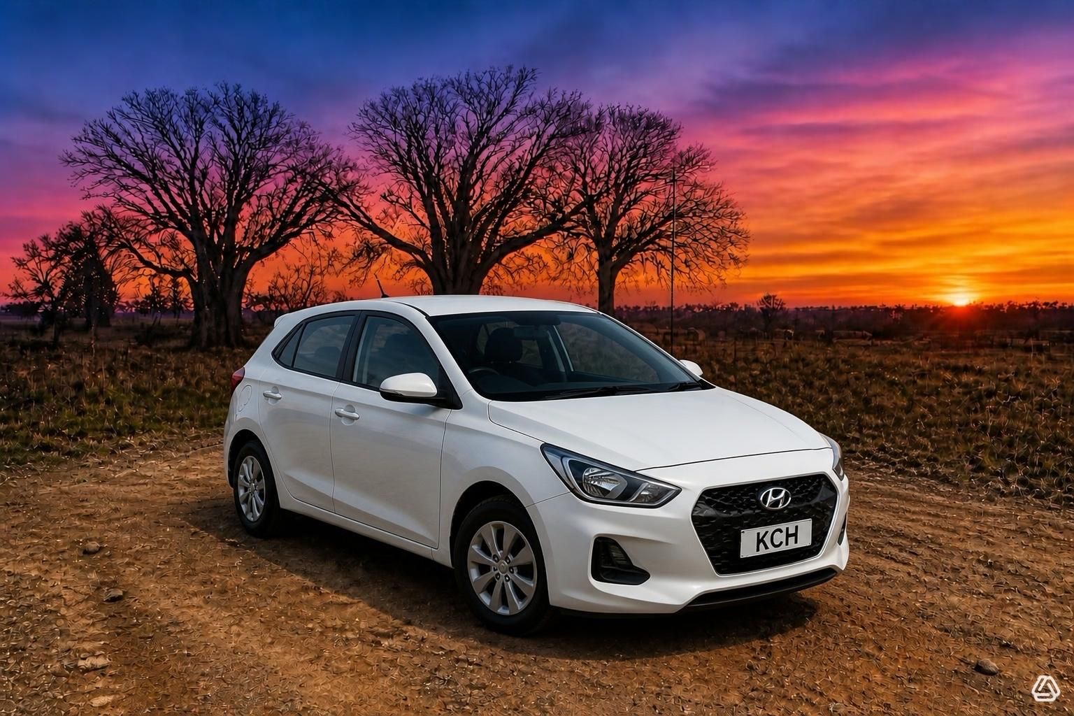 White Hyundai i30 hatchback parked on a dirt track with boab trees at sunset