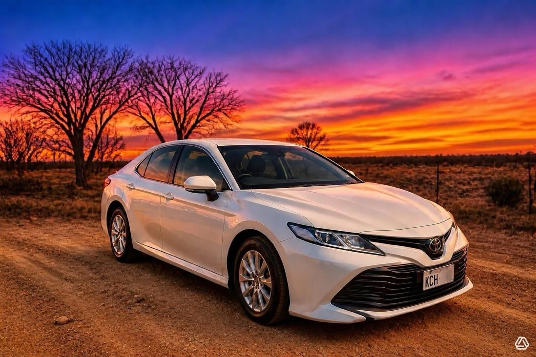 White Toyota Camry sedan parked on a dirt road at sunset
