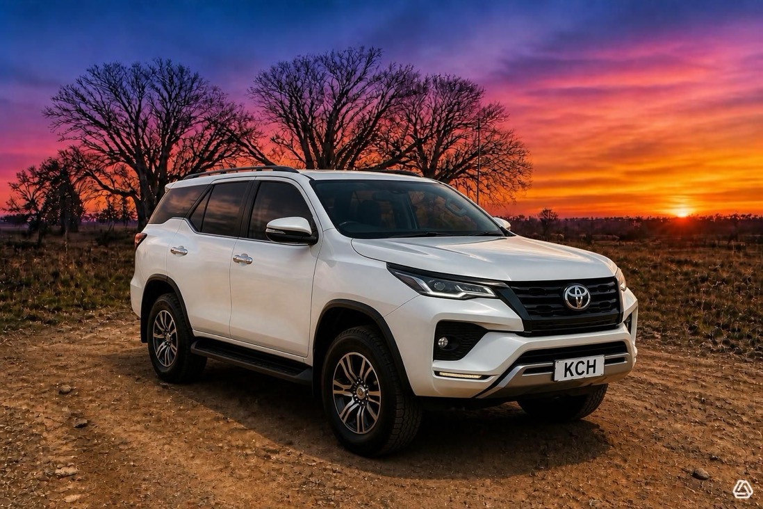 White Toyota Fortuner parked on a dirt track with boab trees at sunset