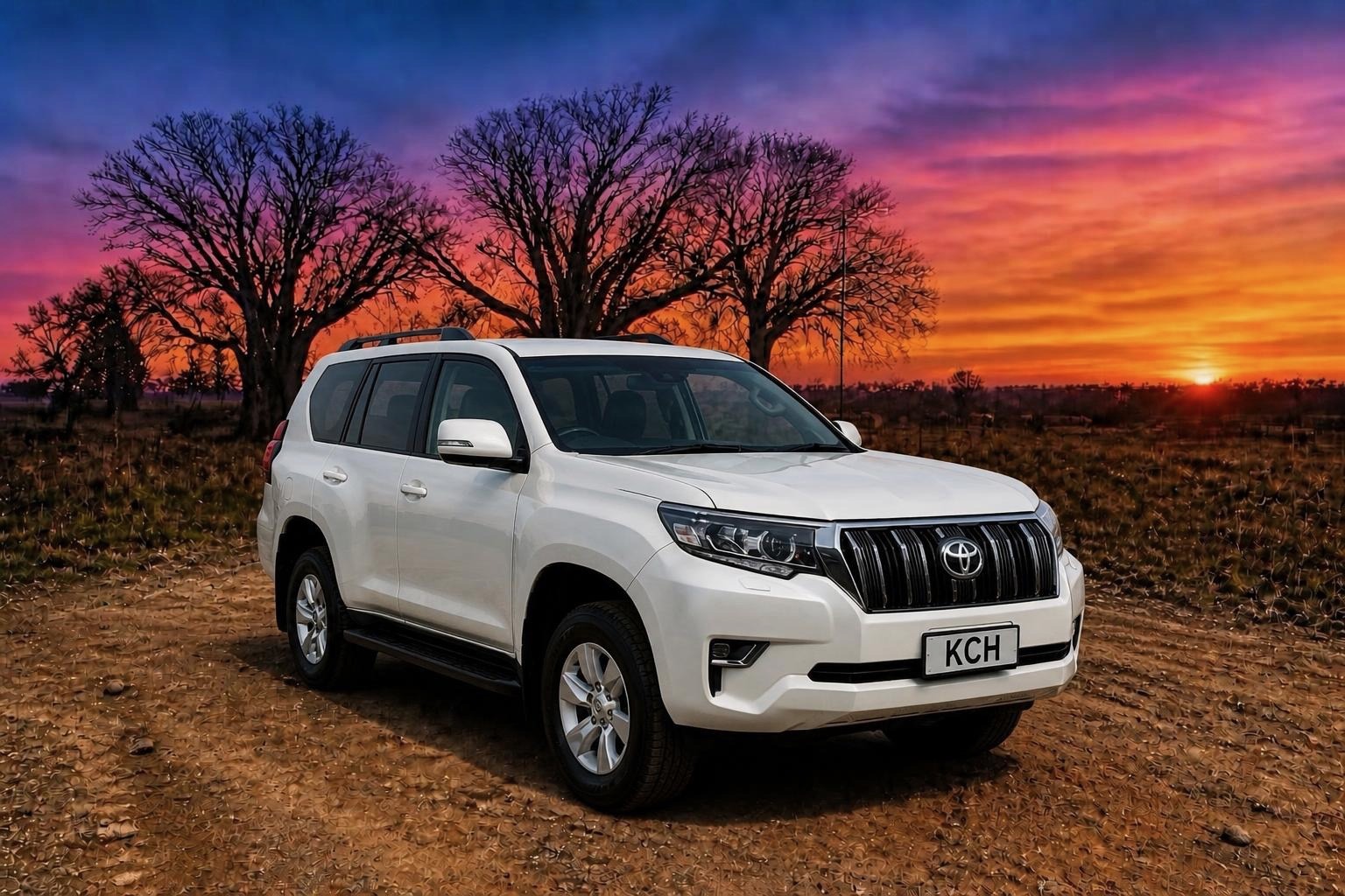 White Toyota Prado parked on a dirt track with boab trees at sunset