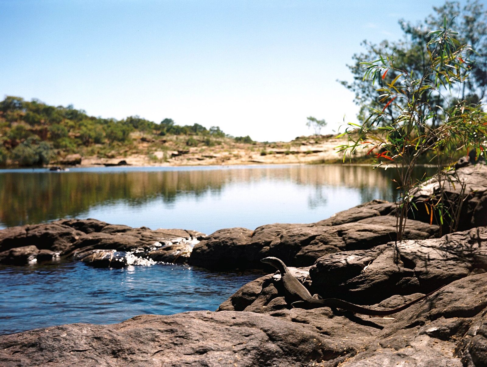 Calm swimming hole surrounded by rocky banks at Manning Gorge